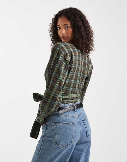 ASOS DESIGN - Overslagtop met lange mouwen en ruiten in groen, 3 van 4