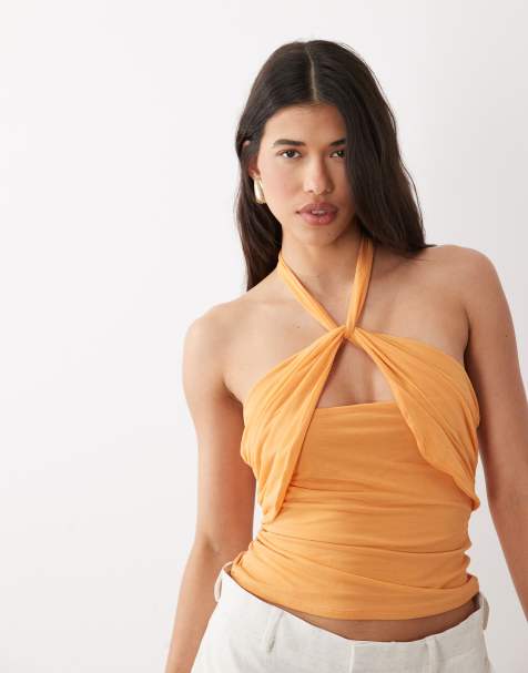 ASOS DESIGN - Overslagtop van chiffon met stretch en halternek in oranje - view 1