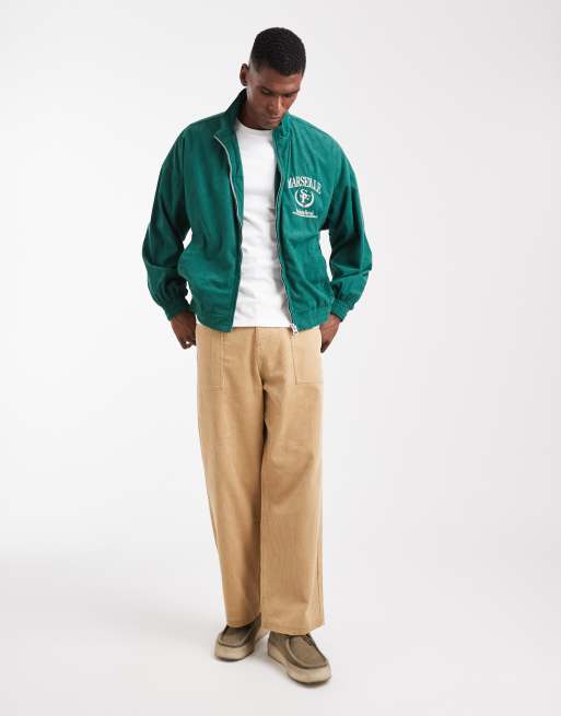 ASOS DESIGN - Giacca sportiva oversize verde in velluto a coste con ricamo
