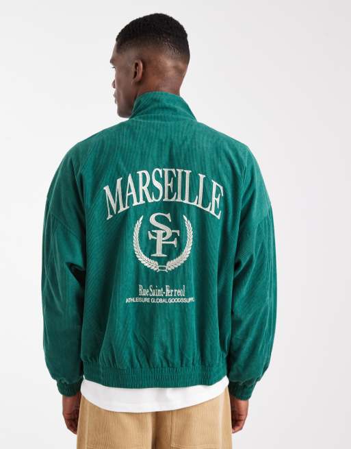 ASOS DESIGN - Giacca sportiva oversize verde in velluto a coste con ricamo