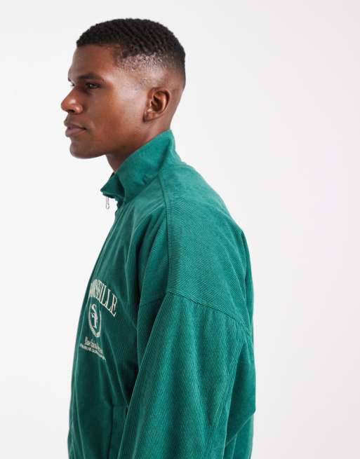 ASOS DESIGN - Giacca sportiva oversize verde in velluto a coste con ricamo