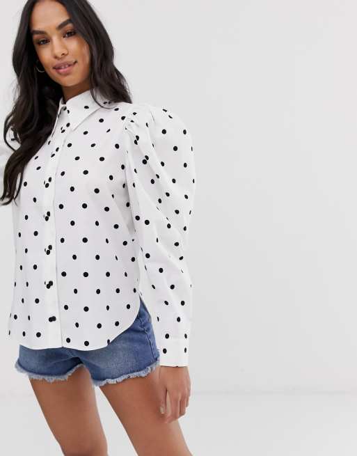 New Look puff sleeve poplin top in white polka dot, ASOS