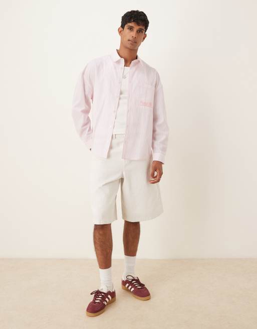 ASOS DESIGN overszied long sleeve shirt with embroidery in pink stripe , 4 of 4