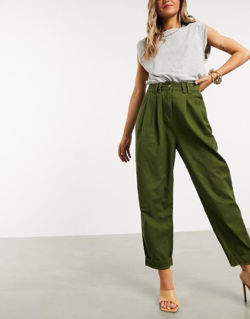 Khaki Belted Pleat Front Women's Trousers