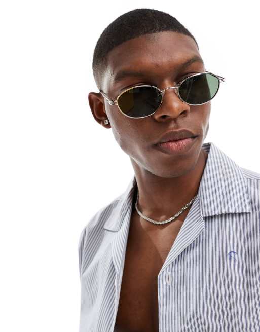 ASOS DESIGN – Owalne okulary przeciwsłoneczne w srebrnych metalowych oprawkach z wąskimi zausznikami