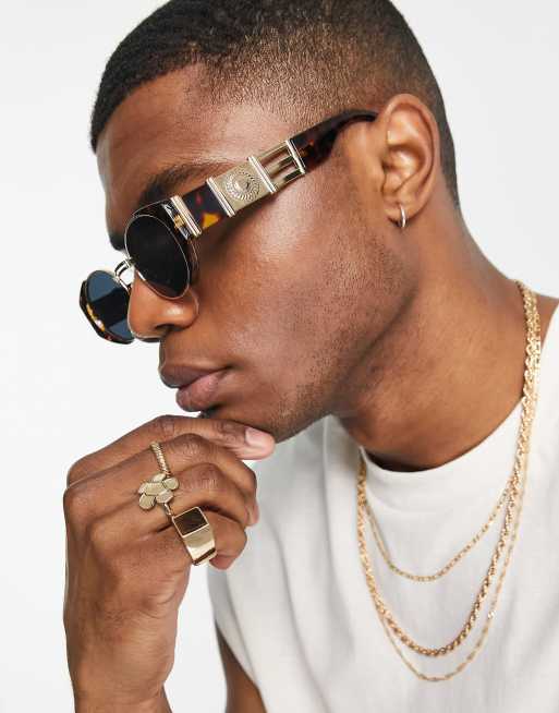 ASOS DESIGN – Owalne okulary przeciwsłoneczne z przydymionymi szkłami w złotych szylkretowych oprawkach