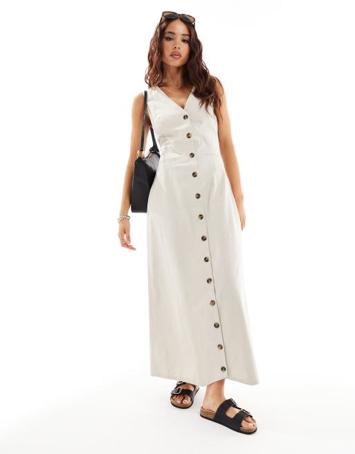 ASOS DESIGN – Owsiana zapinana na guziki sukienka lniana midi o fasonie kamizelki