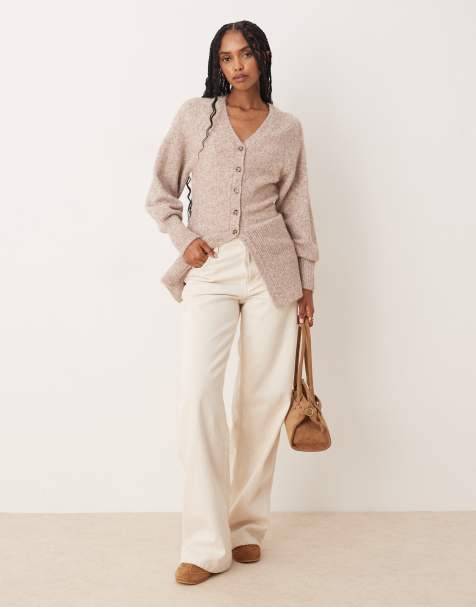 ASOS DESIGN v neck longline cardigan with waist detail in fluffy yarn in oatmeal