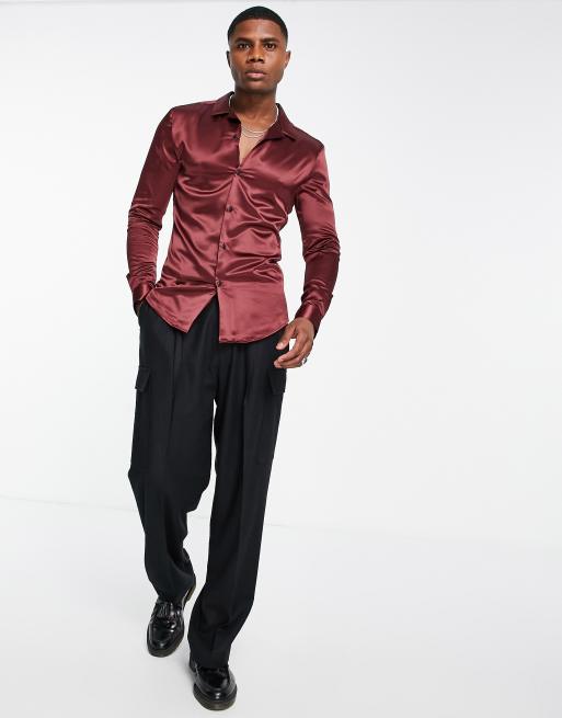 ASOS DESIGN – Oxblodsröd, skinny skjorta i satin, 2 av 4