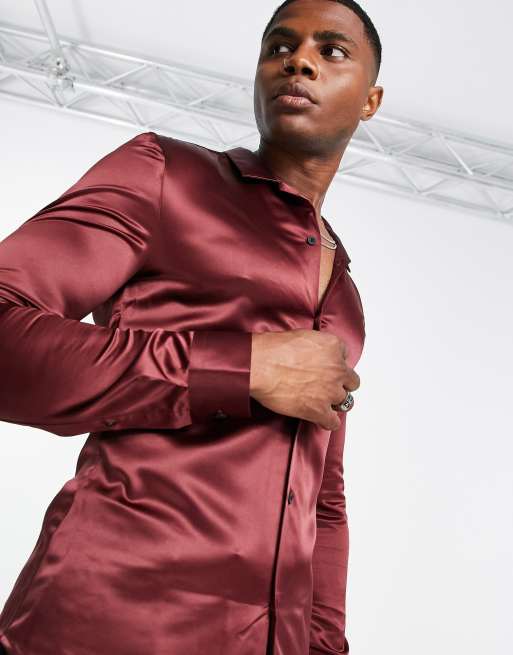 ASOS DESIGN – Oxblodsröd, skinny skjorta i satin, 3 av 4