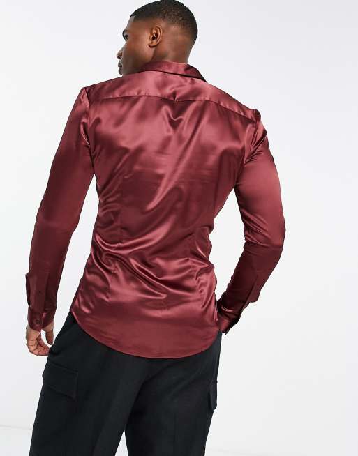 ASOS DESIGN – Oxblodsröd, skinny skjorta i satin, 4 av 4