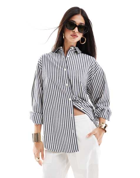 ASOS DESIGN - Oxford overhemd met linnenlook in marineblauw gestreept - view 1