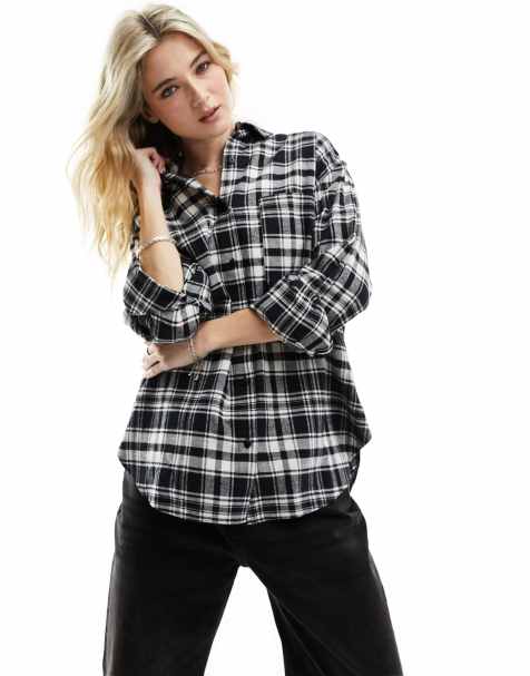 HangNiFang Womens Flannel Plaid Shirts Oversized Button Down Shirts Blouse  Tops