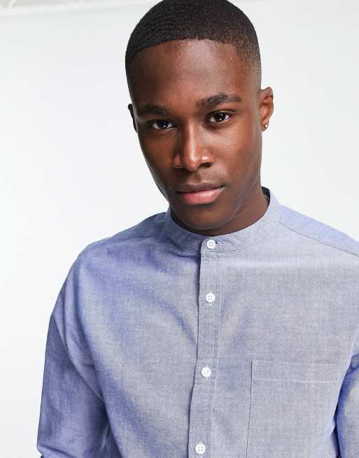 ASOS DESIGN oxford shirt with grandad collar in blue | ASOS