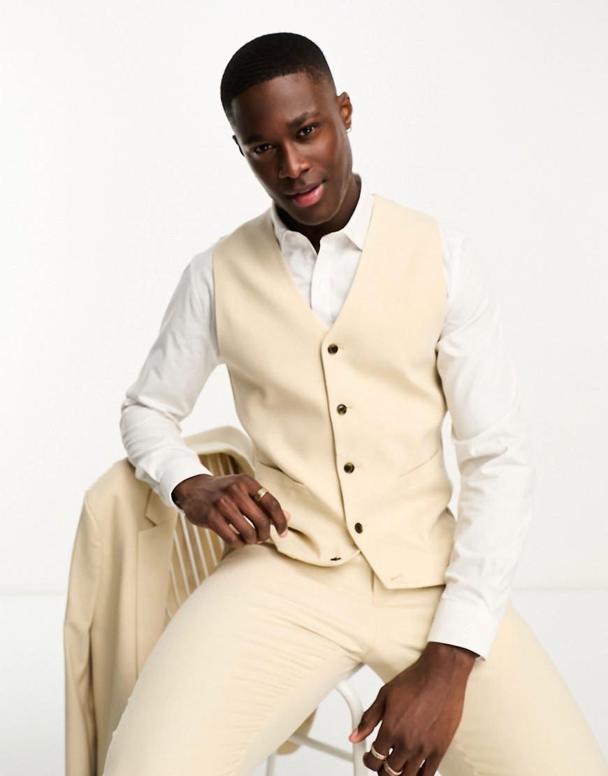 ASOS DESIGN Oxford skinny suit waistcoat in sand-Neutral