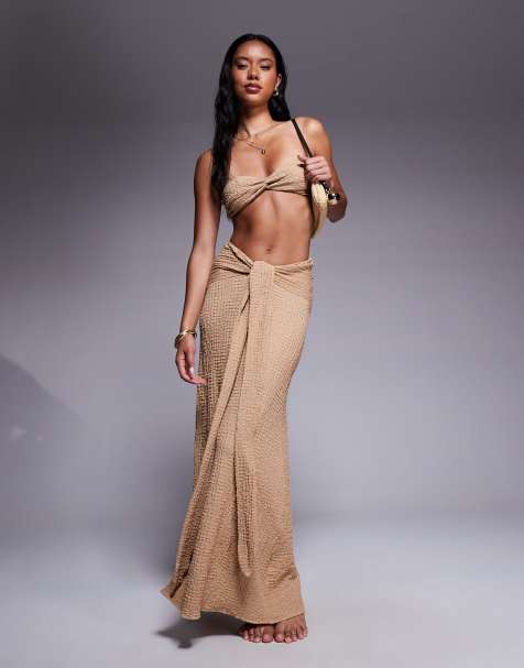 ASOS DESIGN Ozzy textured knot front maxi beach skirt in cream
