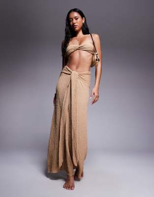 Asos Design Ozzy Textured Knot Front Bandeau Beach Top In Brown