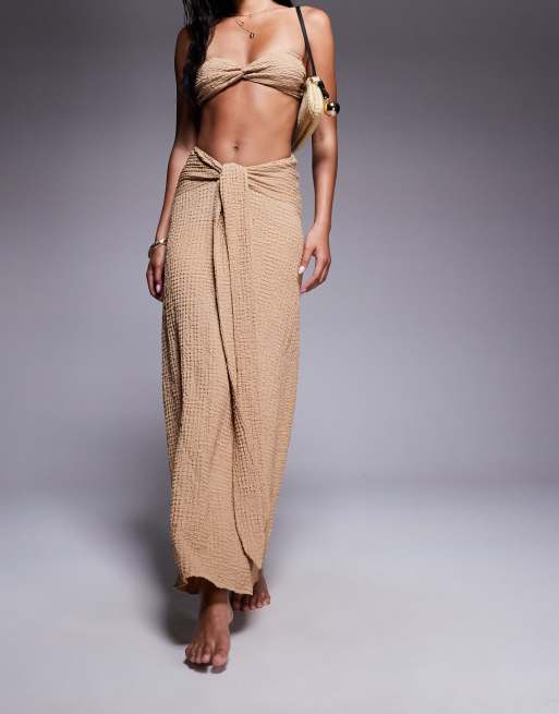ASOS DESIGN Ozzy textured knot front maxi beach skirt in cream