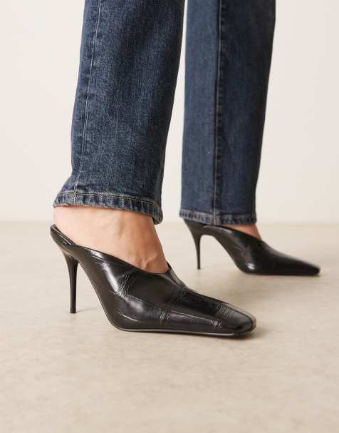 ASOS DESIGN - Pablo - Ultimate - Højhælede sorte mules med firkantet tå og krokodillelook - view 1