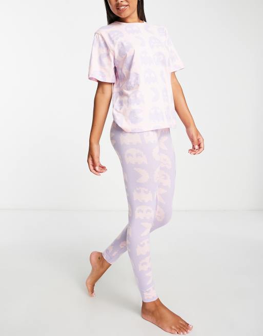 ASOS DESIGN - Pac-Man - Pigiama rosa e lilla con T-shirt oversize e leggings