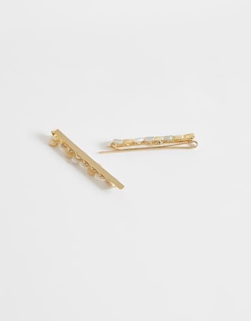 ASOS DESIGN - Pack de 2 pasadores para el cabello dorados con piedras semipreciosas sintéticas, 2 de 3