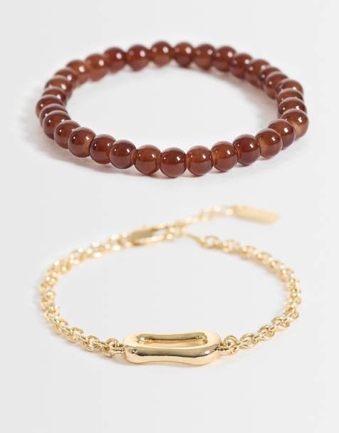 ASOS DESIGN - Pack de 2 pulseras de cadena con detalle de cuentas y eslabones fundidos en dorado - view 1