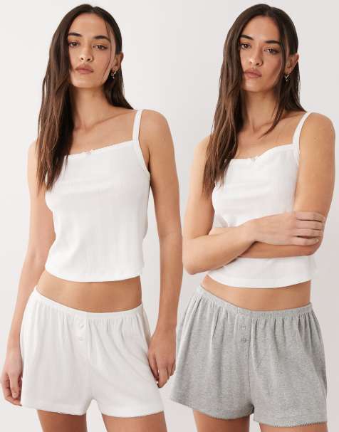 ASOS DESIGN - Pack de 2 pantalones cortos de pijama de color blanco y gris de estilo bóxer de pointelle - view 1