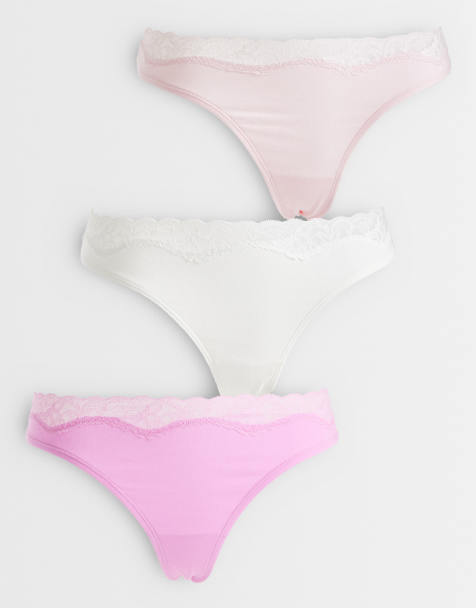 ASOS DESIGN pack de 3 tangas de algodón con ribete de encaje en rosa, rosa palo y crema - view 1