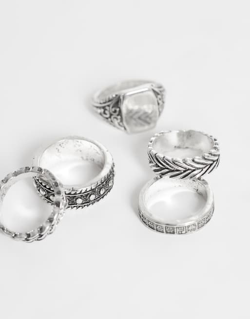 ASOS DESIGN - pack de 6 anillos sello con detalle de banda en plata envejecida, 2 de 3