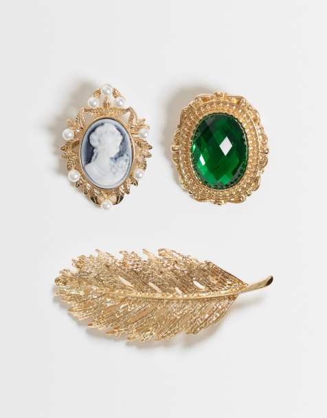 ASOS DESIGN pack de broches con diseño vintage multicolor y piedra, con broche XL de pluma dorado - view 1