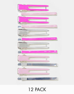ASOS DESIGN pack of 12 bobby pin and make up clip set in pinks and silver
