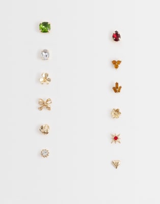 Asos Design Pack Of 12 Mixed Gem Pin Stud Earrings-multi In Pattern