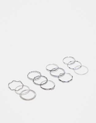 ASOS DESIGN ASOS DESIGN pack of 12 rings with twist details and engraved designs in silver tone