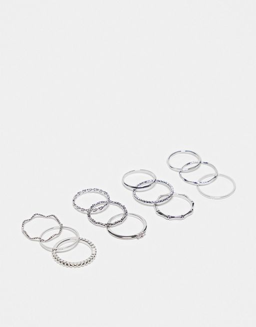 CerbeShops DESIGN pack of 12 rings with twist details and engraved designs in silver tone