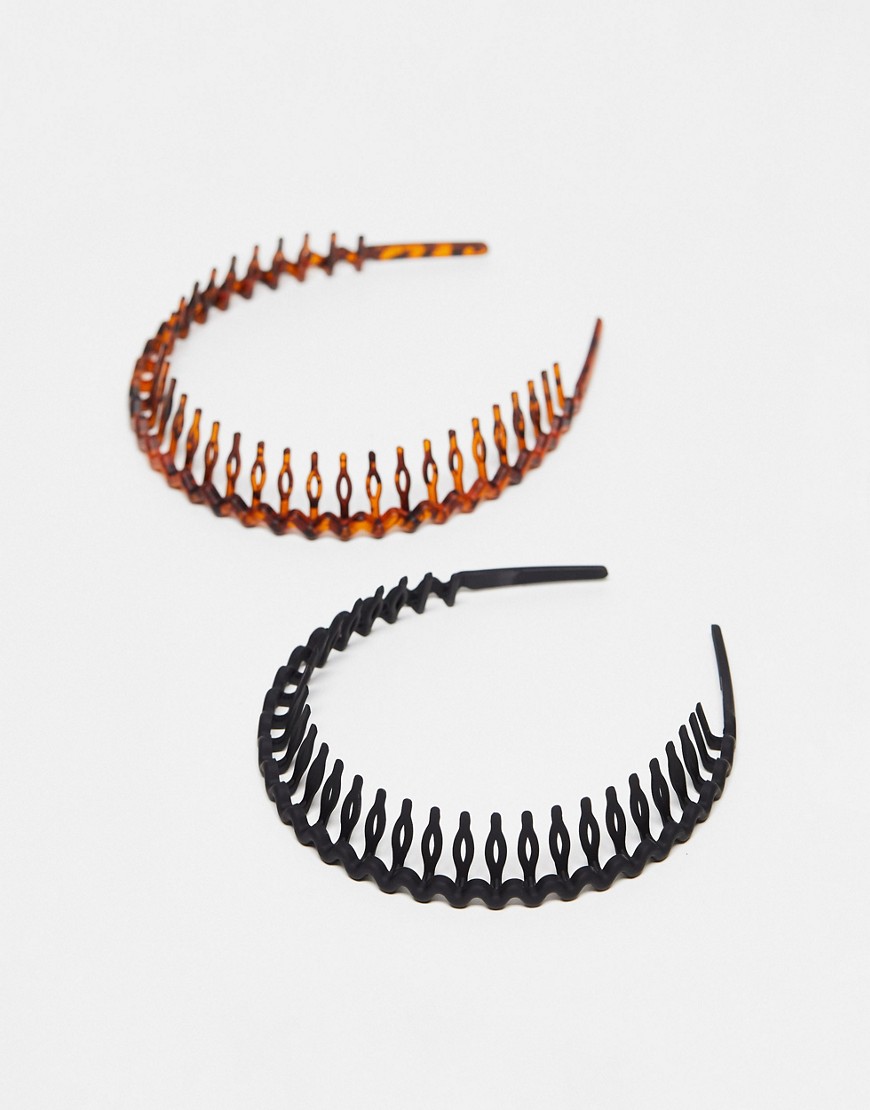 ASOS DESIGN pack of 2 90’s headbands in black and tort-Multi