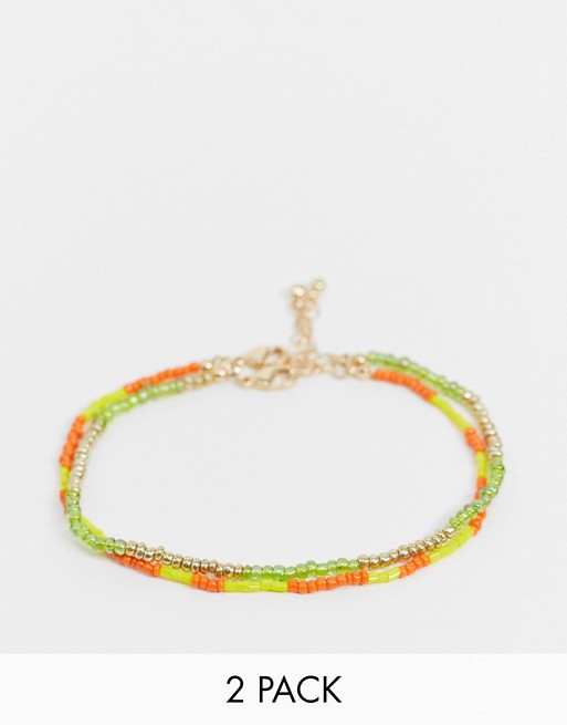 ASOS DESIGN pack of 2 anklets in tiny colour beads