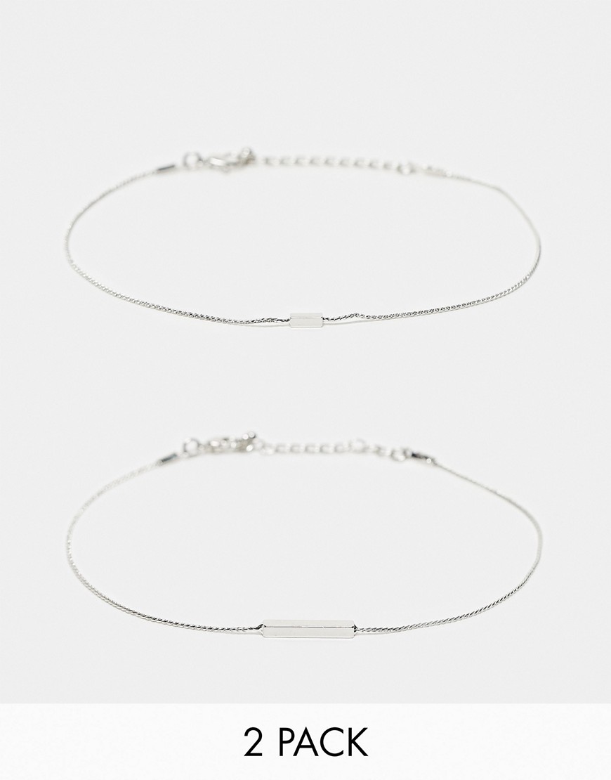 Asos Design Pack Of 2 Anklets With Bar Detail In Silver Tone In Metallic