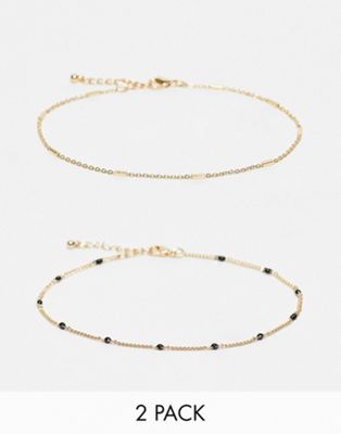 ASOS DESIGN pack of 2 anklets with chain and black bead detail in gold tone
