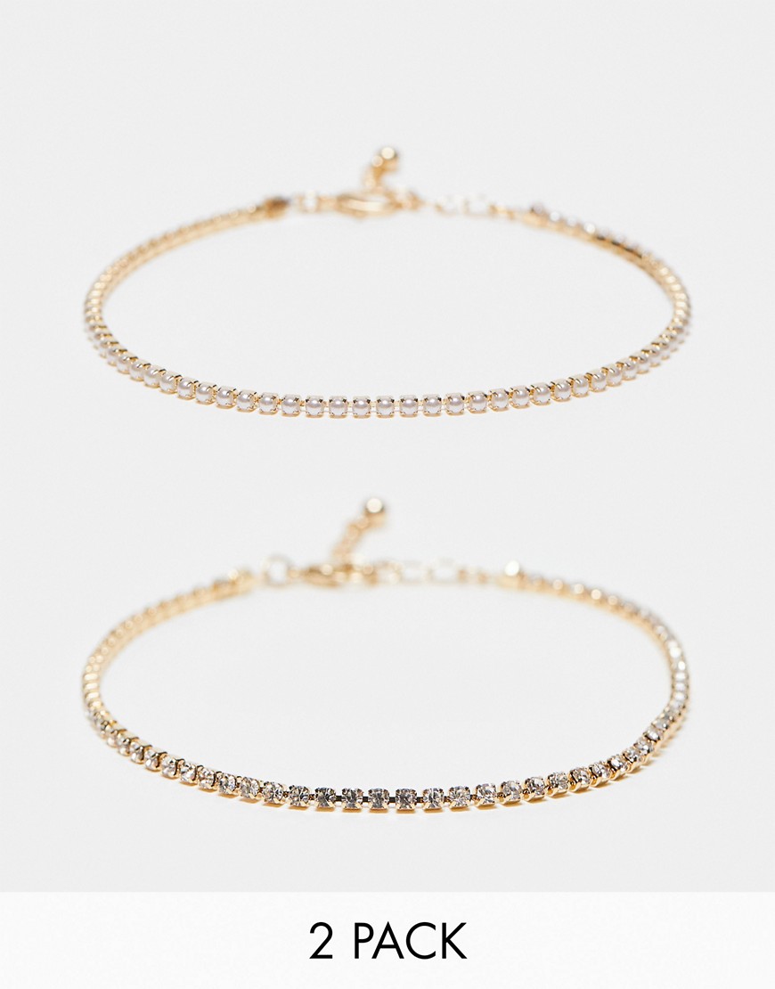 ASOS DESIGN pack of 2 anklets with faux pearl and crystal cupchain-Gold