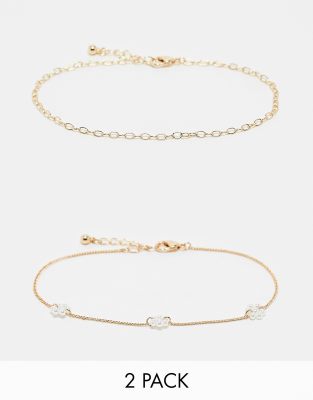 Asos Design Pack Of 2 Anklets With Faux Pearl Flower Design In Gold Tone