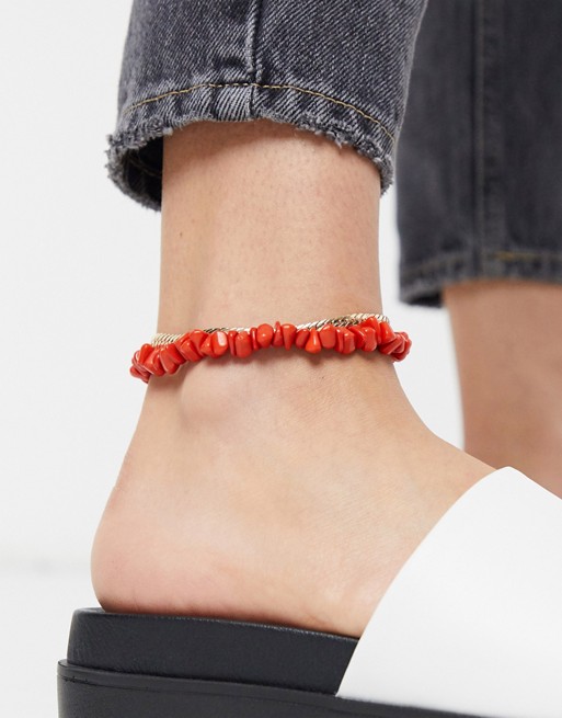 ASOS DESIGN pack of 2 anklets with faux red coral chip and chain in gold tone