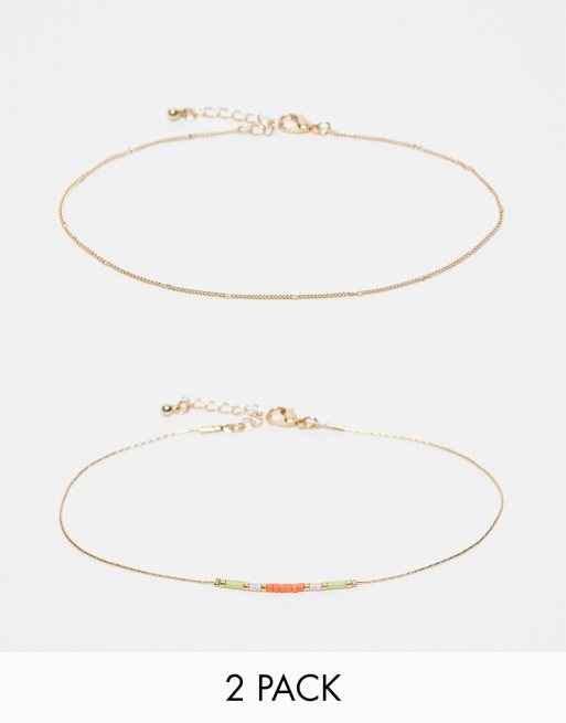 ASOS DESIGN pack of 2 anklets with multicolor bead design