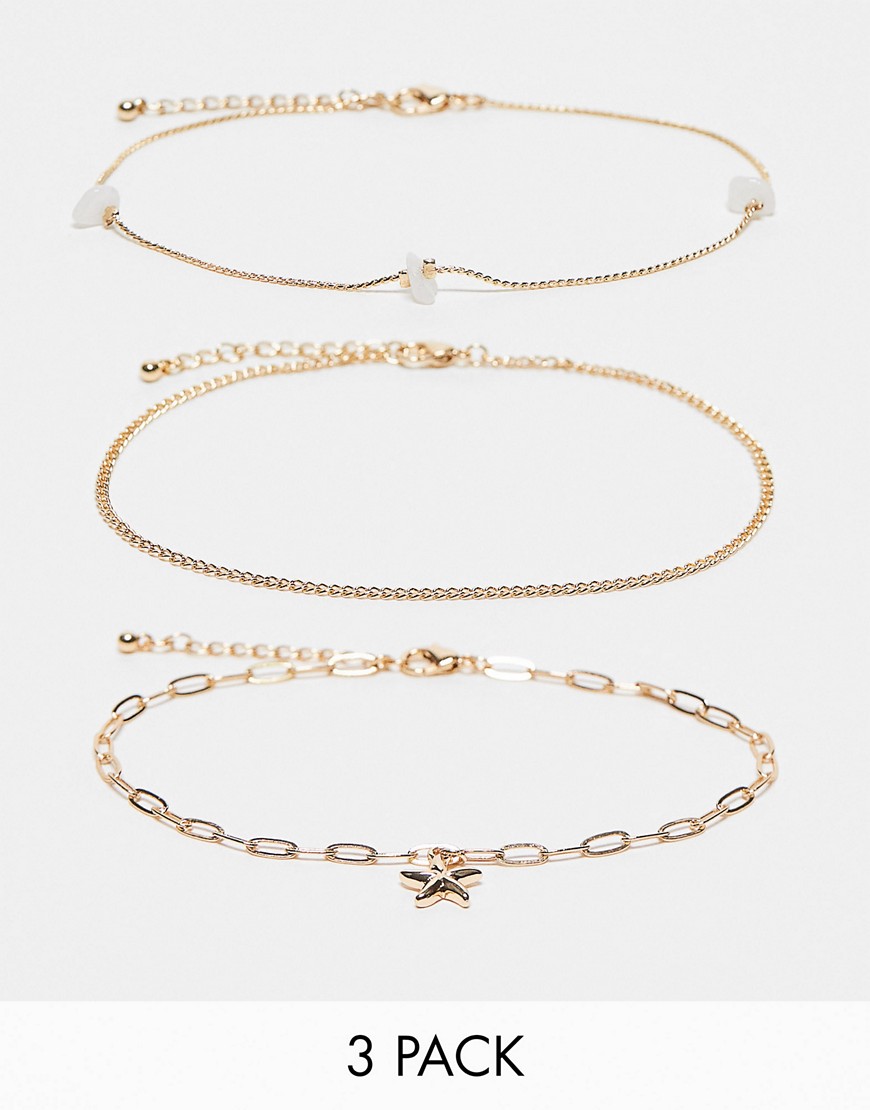 ASOS DESIGN pack of 2 anklets with open link and starfish design in gold tone