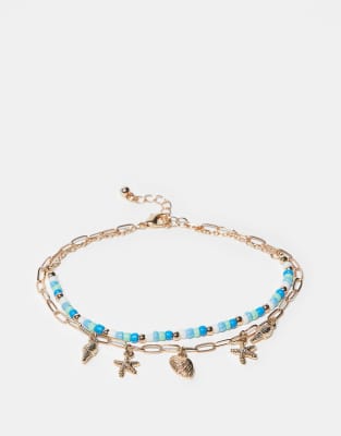 Asos Design Pack Of 2 Anklets With Sea Shell Charms And Beaded Design