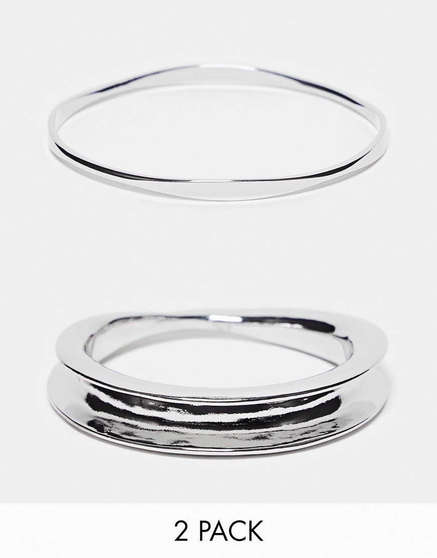 ASOS DESIGN pack of 2 bangle bracelets with slim curved design in silver tone