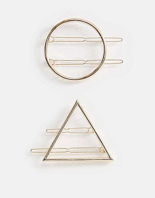 ASOS DESIGN pack of 2 barette hair clips in circle and triangle in gold