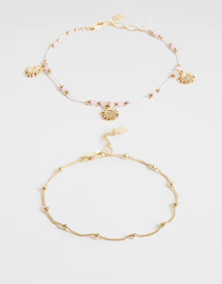 Asos Design Pack Of 2 Beaded Anklets With Sun Charms In Gold