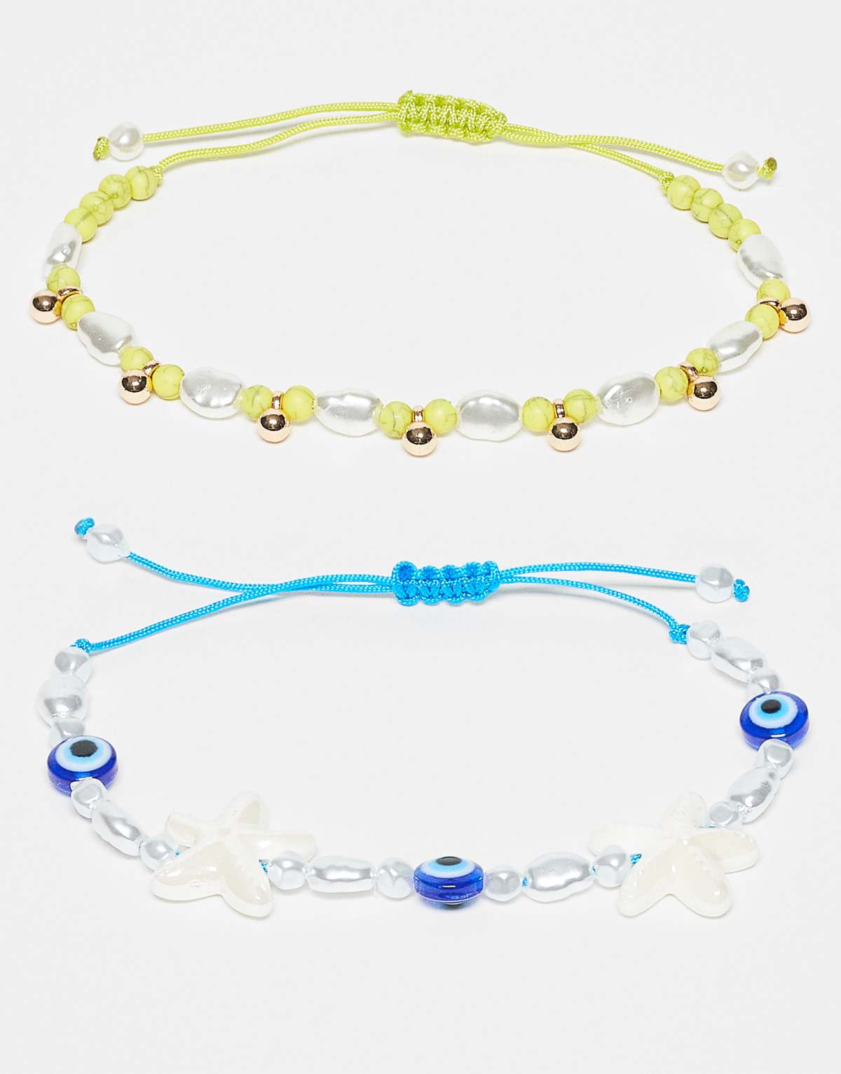 ASOS DESIGN pack of 2 beaded charm bracelets in blue and green