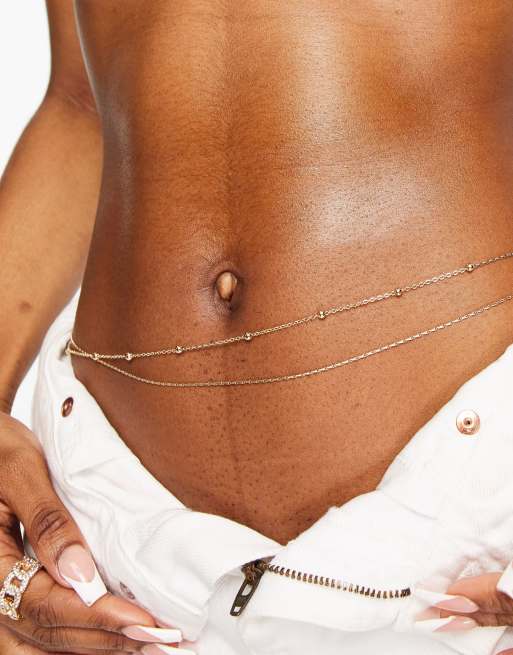 ASOS DESIGN pack of 2 belly chains in dot dash and fine chain in gold tone