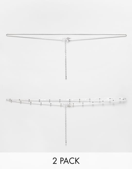 ASOS DESIGN pack of 2 belly chains in dot dash and fine chain in silver tone